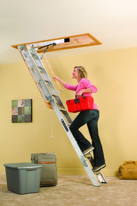 Louisville Ladder AA229GS Elite Aluminum Attic Ladder 350 Pound Capacity 22.5-Inch by 54-Inch Opening Ceiling Height 7-Foot-9-Inches to 10-Foot - - Amazon.com Attic Stairs Pull Down, Attic Organization, Garage Attic, Attic Renovation Ideas, Attic Doors, Attic Ladder, Attic Closet, Garage Loft, Attic Playroom