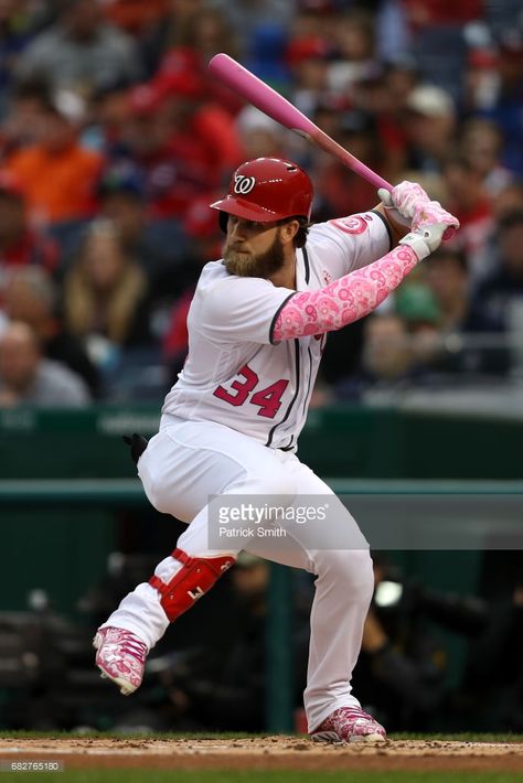 Bryce Harper #34 of the Washington Nationals bats during the first inning against the Philadelphia Phillies at Nationals Park on May 13, 2017 in Washington, DC. Mlb Pictures, Bat Photos, Pink Pictures, Star Trek Poster, Phillies Baseball, Mothers Day Weekend, Drawing Lesson, Bryce Harper, Base Ball