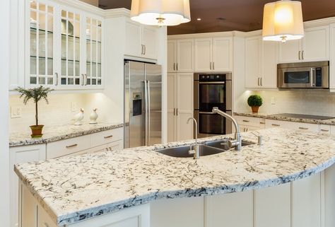 The Most Popular White Granite Colors of 2021 | Granite Selection Alaskan White Granite, River White Granite Countertops, Thunder White Granite, Moon White Granite, White Granite Countertops Kitchen, White Granite Colors, White Granite Kitchen, Countertop Colors, Granite Countertops Colors