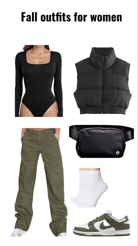 Comfortable outfit with bodysuit, cargo pants, lululemon belt bag, puffy crop vest and nike dunks Lululemon Cargo Pants Outfit, Pant Outfits For Women, Cargo Pants Outfits, Cargo Outfit, Cargo Pants Outfit, Body Suit Outfits, Cropped Vest, Black Bodysuit, Fall Fashion Trends