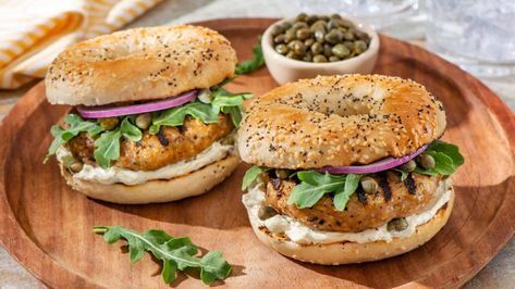 Chicken Burgers with Everything Bagel Seasoning - Better Than Bouillon Everything Bagel Burger, Chicken Bagel Sandwich, Chicken Bagel, Ideas For Dinner, Everything Bagel Seasoning, Bagel Cream Cheese, Pan Fried Chicken, Bagel Seasoning, Chicken Base