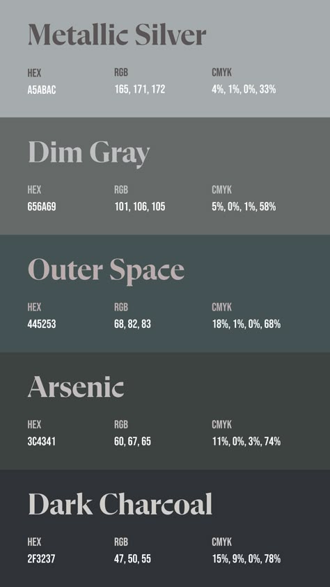 Colors:
A5ABAC
656A69
445253
3C4341
2F3237 Grey Website Design, Cool Tone Color Palette, Pretty Websites, Grey Color Pallets, Grey Colour Palette, Silver Color Palette, Gray Color Palette, Pantone Colour Palettes, Hex Color Palette