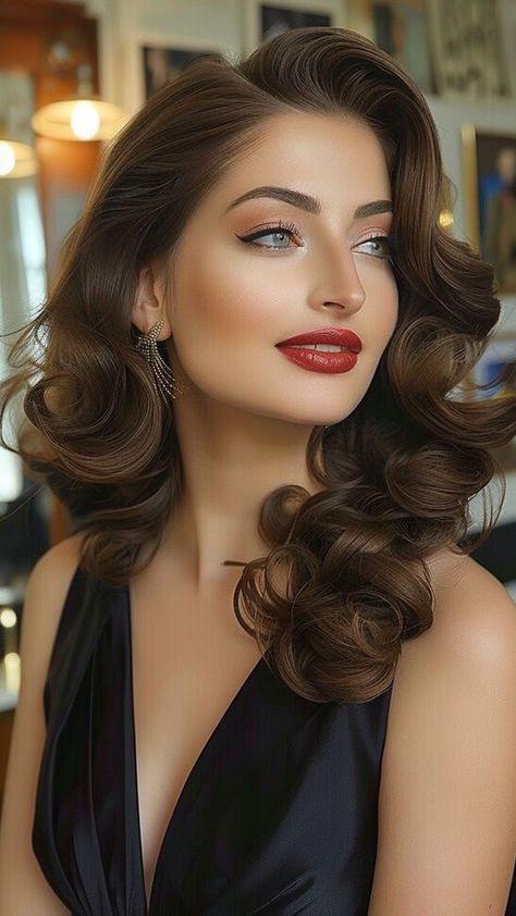 25 Long Hairstyles to Showcase Round Face Grace Curled Hollywood Hair, Classic Hair And Makeup Looks, 1920s Wedding Hair Long, Elegant Hairstyles For Round Faces, Hair Ideas For Prom All Down, Nail Ideas For Special Occasions, Old Hollywood Hairstyles Middle Part, Long Hairstyles For Photoshoot, Old Hollywood Waves Middle Part