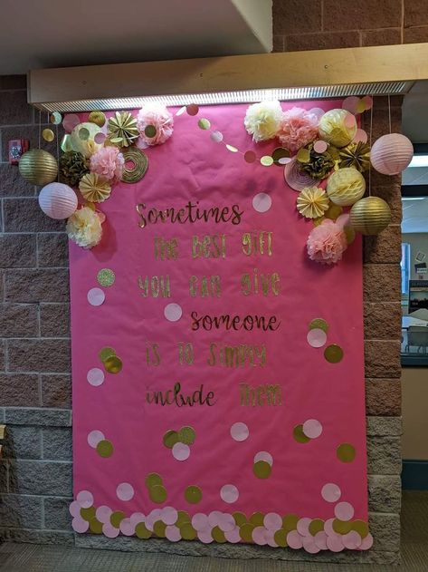 February Bulletin Board. The quote read " Sometimes the best gift you can give someone is to simply include them" Pink Bulletin Board, February Bulletin Boards, Creative Skills, School Classroom, Bulletin Board, Bulletin Boards, Best Gift, Pretty In Pink, Best Gifts