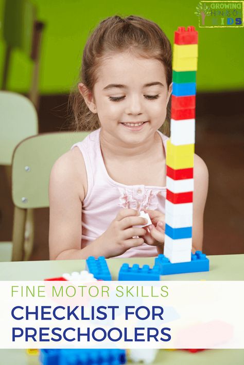 Fine Motor Skills Checklist for Preschoolers, ages 3-5 years old. Preschool Fine Motor Activities, Xavier Rudd, Fine Motor Activities For Kids, Preschool Fine Motor, Gross Motor Activities, Fine Motor Skills Activities, Motor Skills Activities, Preschool Age, Toddler Development