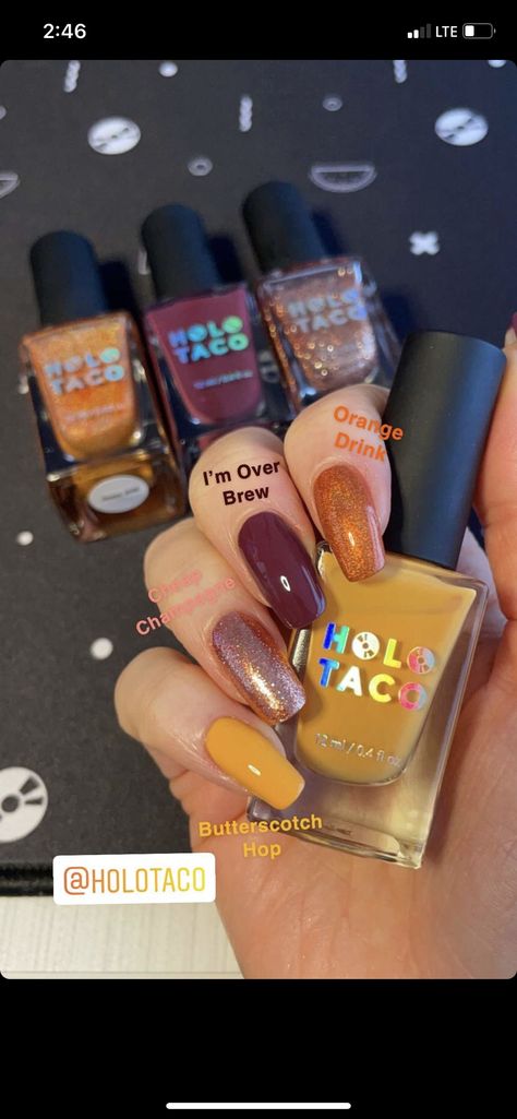 Taco Fall, Holo Taco, Orange Drinks, Nails Inspiration, Pretty Nails, Nail Art Designs, Nail Colors, Nail Polish, Nail Designs