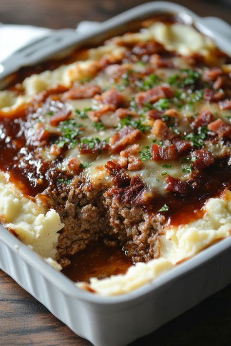 Get a taste of the wild west with Cowboy Meatloaf and Potato Casserole, combining seasoned meatloaf and layers of creamy mashed potatoes, all topped with crispy onion strings. It’s a hearty meal that’s sure to satisfy any appetite. #CowboyCasserole #Meatloaf #HeartyMeal Mashed Meatloaf Casserole, Meatloaf With Mashed Potatoes On Top, Cowboy Meatloaf And Potato Casserole, Potato Meatloaf Casserole, Cowboy Meatloaf, Meatloaf And Potatoes, Individual Meatloaf, Onion Strings, Meatloaf Casserole