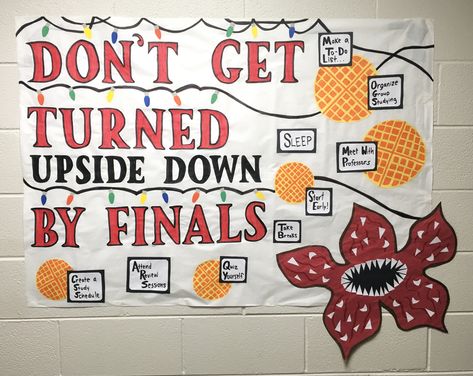 Stranger Things Bulletin Board - Finals Spirit Week Bulletin Board Ideas, Stranger Things Student Council Posters, Stranger Things Ra Bulletin Board, Student Council Poster Board Ideas, Finals Ra Bulletin Board, Stranger Things Classroom Ideas, Inclusive Bulletin Board Ideas, Stranger Things Decoration Ideas, Stranger Things Bulletin Board