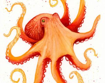 Octopus Art Print - Kraken Decor - Tentacles Wall Art - Octopus Bathroom Art - Aquatic Life Print - Under Sea Creatures - Aquatic Creatures Octopus Watercolor, Orange Octopus, Octopus Art Print, Octopus Drawing, Octopus Painting, Aurora Art, Drawing Aesthetic, Watercolor Art Paintings, Posca Art