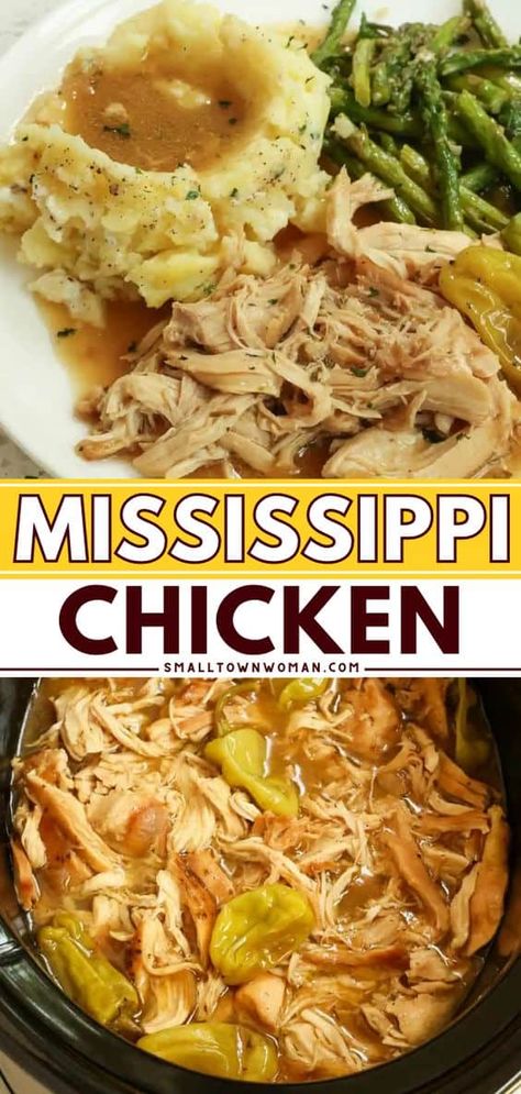 Mississippi Chicken Oven, Mississippi Chicken Crockpot, Mississippi Chicken Slow Cooker, Mississippi Chicken, Chicken Mashed Potatoes, Small Town Woman, Au Jus Gravy, Slow Cooker Dinner Recipes, Pepperoncini Peppers