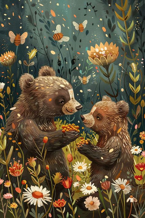 This is an enchanting children's storybook illustration that captures the heartwarming bond between a mother bear and her cub. Surrounded by a whimsical meadow, their tender moment is framed by a tapestry of rich florals and playful bees, evoking the magic of nature and the loving care in a bear's embrace. This illustration brings to life the stories told in hushed tones at bedtime, full of warmth, affection, and the gentle wonders of the forest. Whimsical Bear Illustration, Whimsical Forest Illustration, Storybook Art Illustrations, Bears Pictures, Animal Illustration Kids, Storybook Illustration, Cumpleaños Harry Potter, Mother Bear, Story Books Illustrations