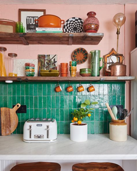 Kitchen stills for the zoomers because this space is one of my favourite transformations despite the fact that there have been no structural changes. Things I have done in here though are replace the tiles to these gorgeous green Moroccan Bejmat tiles, remove upper cabinets and replaced with open scaffold board shelving, lay a new herringbone floor and painted the cupboard doors. I’ve also painted the walls and doors pink. I’m a little obsessed with finding cute decor for these shelves and no... Dapur Rustic, Backsplash Trends, Kitchen Backsplash Trends, Brick Backsplash Kitchen, Green Kitchen Designs, Subway Tile Backsplash Kitchen, Green Kitchen Cabinets, Subway Tile Kitchen, Boho Kitchen