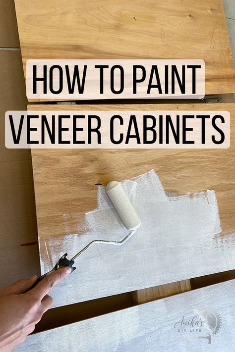 How to paint veneer cabinets the right way. Learn how to paint wood veneer cabinets in the kitchen, bathroom or garage with this complete guide and tutorial. #anikasdiylife Paint Veneer Cabinets, Paint Veneer Furniture, Painting Veneer Furniture, Painting Fake Wood, Painting Veneer, Veneer Cabinets, Painting Laminate Cabinets, Veneer Furniture, Laminate Kitchen Cabinets