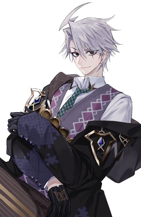 Fgo Moriarty, Fgo Characters, Moriarty Fgo, Grey Sweater Vest, Fate Art, Sweater Vest Black, Half Gloves, Crossed Arms, Fate Characters