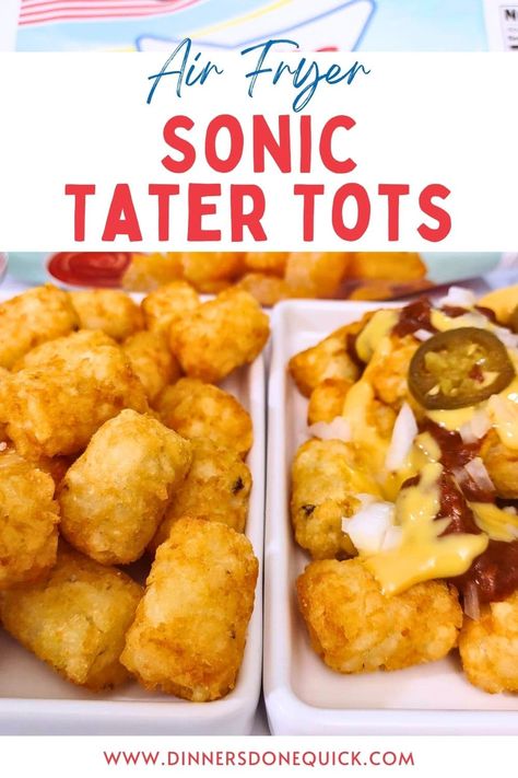 Tantalize your taste buds with my mouthwatering twist on Sonic's iconic Tater Tots, now made crispy and delicious in the air fryer! 🍟✨ Skip the drive-thru and savor every golden, crunchy bite from the comfort of your kitchen. #DinnersDoneQuick #SonicTaterTots #ChiliCheeseTaterTotsSonic #SonicTaterTotsRecipe #FrozenSonicTaterTots #SonicTaterTotsinAirFryer #FrozenTaterTots #TaterTots #TaterTotsinAirFryer #TaterTotsAirFryer #HowLongtoCookTaterTotsinAirFryer #HowtoAirFryTaterTots Sonic Chili Cheese Tots Recipe, First Day Of School Dinner, Cheesecake Factory Avocado Egg Rolls, Sonic Fast Food, Tator Tot Recipe, Homemade Fast Food, Totchos Recipe, Super Bowl Party Food Ideas, Taco Bell Crunchwrap Supreme