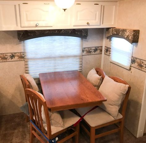 Camper Projects, Farmhouse Camper, Rv Kitchen Remodel, Camper Cushions, Rv Remodeling, Rv Traveling, Rv Redo, Camper Redo, Rv Furniture