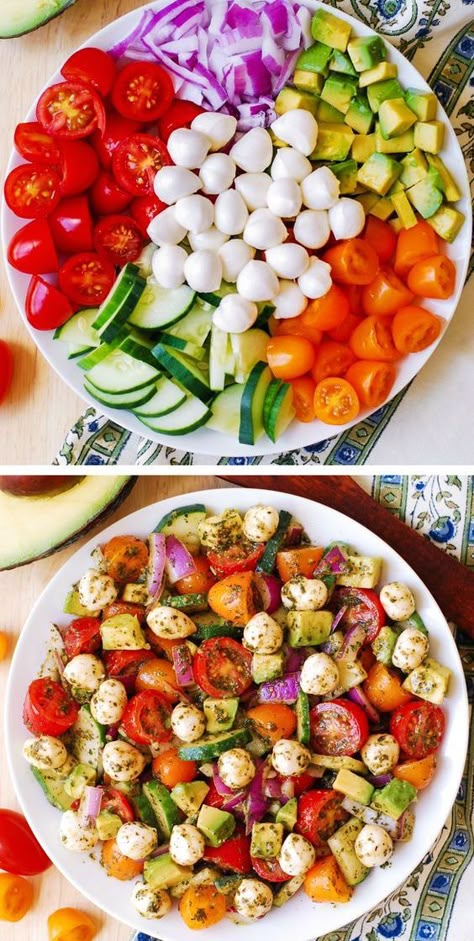 Avocado Salad with Mozzarella, Basil Pesto, Tomatoes, Cucumbers #Mediterranean Resep Salad, Resep Diet, Makanan Diet, Health Dinner, Health Dinner Recipes, Basil Pesto, Idee Pasto Sano, Mediterranean Diet Recipes, Avocado Salad