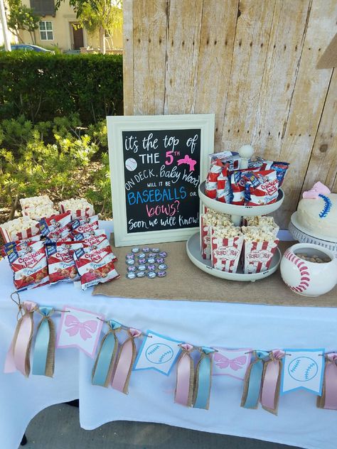 Sports Theme Gender Reveal Ideas, Baseball Gender Reveal Party Food, Baseball Vs Bows Gender Reveal, Baseball Themed Gender Reveal Party, Baseball Or Bows Gender Reveal Decor, Baseballs And Bows Gender Reveal, Baseball Gender Reveal Party Decorations, Baseballs Or Bows Gender Reveal Party, Baseball And Bows Gender Reveal Ideas