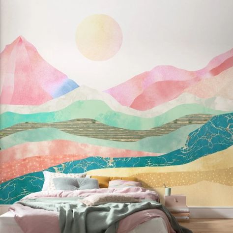 Abstract mountain wallpaper in colourful shades. This is an abstract design of dreamy mountains, a powerful sun, and flowing rivers, that create a very special atmosphere. Mountain And Flower Mural, Abstract Mountain Mural, Sunset Mountain Mural, Mountain Range Mural, Watercolor Montains Wallpaper Bedroom, Mountain Wall Mural, Holy Mountain, Mountain Mural, Normal Wallpaper