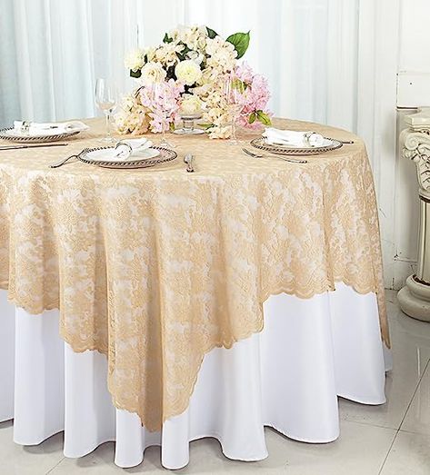 Amazon.com: Wedding Linens Inc. 72 in x 72 in Lace Table Overlays, Lace Tablecloths Square, Lace Table Overlay Linens, Lace Table Toppers for Wedding Decorations, Events Banquet Party Supplies - Champagne : Home & Kitchen Wedding Table Toppers, Lace Tablecloths, Table Cloth Decorations, Table Overlays, Quince Ideas, Banquet Party, Petite Table, Table Skirt, Lace Table