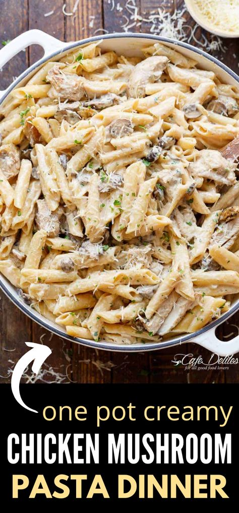 One Pot Chicken And Mushroom Pasta, Pasta Dinner Recipes Mushrooms, Chicken Pasta Recipes With Mushrooms, Chicken Mushroom Pasta Recipes Easy, One Pot Chicken Mushroom Pasta, Chicken Mushroom Peas Pasta, Crockpot Mushroom Pasta, Pasta Chicken Mushroom Recipes, Cheesy Mushroom Pasta