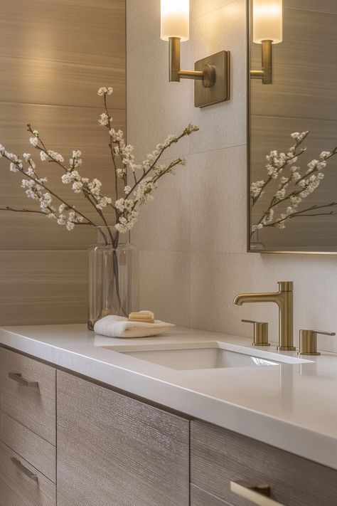 Taupe And Gold Bathroom, Gold And Cream Bathroom, Double Vanity With Makeup Area, Guest Bathroom Modern, Cream Bathroom Ideas, Cream And Gold Bathroom, Modern Glam Bathroom, Modern Bathroom Fixtures, Elegant Modern Bathroom