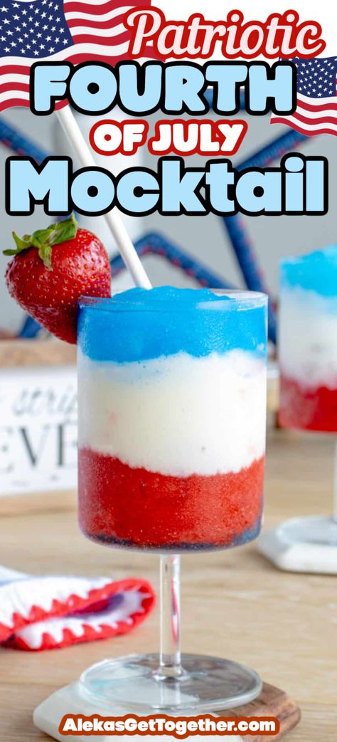 This fun 4th of July drink is a beautiful, sweet, fruity and refreshing cocktail or mocktail to serve guests this July 4th! The slushy red, white and blue layers offer different flavors as they take a sip of America's most festive drink! 4th Of July Drinks Nonalcoholic, 4th Of July Mocktail, Red White Blue Drink, Patriotic Drinks, Strawberry Basil Lemonade, Fourth Of July Drinks, Flavored Liquor, Mango Rum, Non Alcoholic Punch