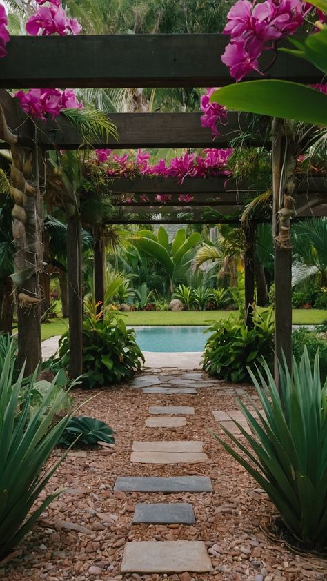 Transform your backyard into a tropical oasis with these stunning pool designs and palm trees Discover modern landscaping ideas perfect for small spaces in Zone 8 and Zone 9 regions like California From banana plants to simple yet elegant pool designs get inspired with creative garden ideas for a small backyard Elegant Pool, Tropical Backyard Landscaping, School Gardens, Outdoors Ideas, Large Backyard Landscaping, Tropical Backyard, Zone 9, Banana Plants, Tropical Oasis