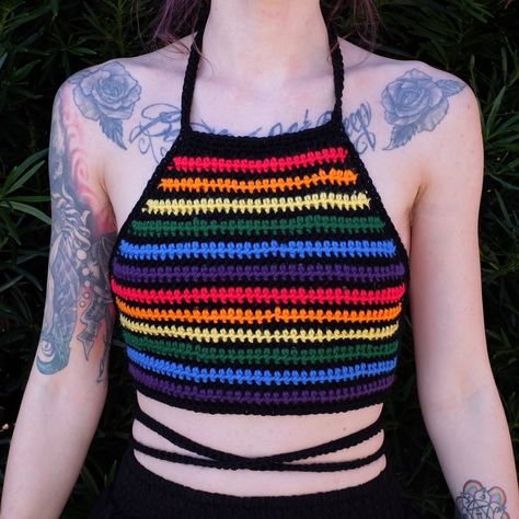 🌈 #ambientelement #elements #rainbow #halter #crochet #knit #top #handmade Queer Crochet Patterns, Crochet Pride Patterns, Pride Crochet, Halter Crochet, Knit Clothes, Crochet Knit Top, Rainbow Top, Crochet Wearables, Rainbow Skirt