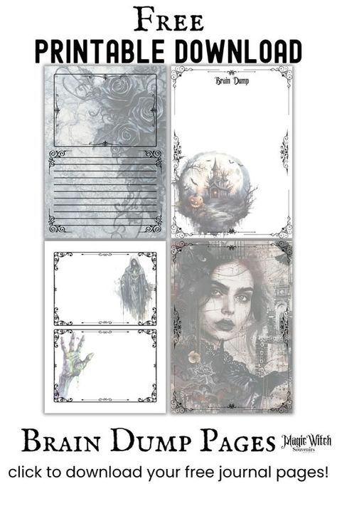 Click the link to download the NEW Gothic Brain Dump Pages. 18 Free pages in US Letter Size. Gothic Junk Journal Printables Free, Junk Journal Ideas Free Printable, Halloween Cabin, Free Printable Journal Pages, Witch Planner, Gothic Journal, Diy Journaling, Journal Printables Free, Journal Pages Printable