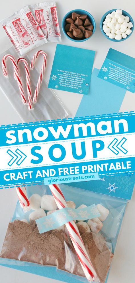 Snowman Soup {craft and free printable}, christmas treats Candy Sleighs, Preschool Christmas Party, Snowman Soup, Cowboy Beans, Cheese Puff, Homemade Holiday Gifts, Cocoa Gift, Printable Snowman, Teacher Birthday Gifts