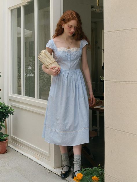 Butterfly Jacquard Blue Dress Light Blue Dress Casual, Light Blue Casual Dress, Square Skirt, Korea Dress, Simple Retro, Light Blue Dresses, Brown Outfit, Blue Dress Casual, Princess Outfits