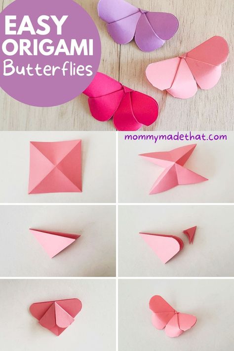 This cute origami butterfly is a fun and easy butterfly craft for teens and adults! Make beautiful paper butterflies in no time following our step by step tutorial. Makes for a perfect spring time butterfly craft. Origami Butterflies, Diy Origami Butterfly Easy, Easy Butterfly Craft, Paper Butterflies Diy, Butterfly Crafts For Adults, Origami Cute, Orgamini Easy Butterfly, Simple Origami Butterfly, Butterfly Craft