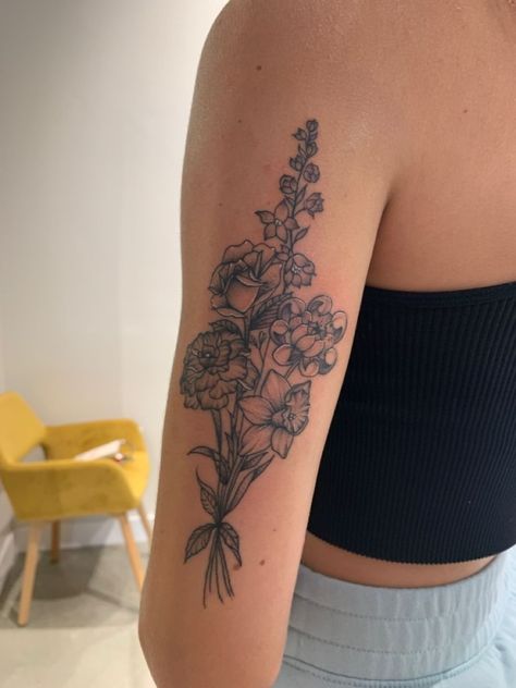 Flower tattoobirth month flowersflower bouqet Wildflower Cluster Tattoo, Placement Of Flower Tattoo, Large Bouquet Tattoo, Flower Bouquet Tattoo Upper Arm, Large Flower Bouquet Tattoo, Back Bouquet Tattoo, Bouquet Birth Flower Tattoo, Flower Bouquet Tattoo Sleeve, Mixed Flower Bouquet Tattoo