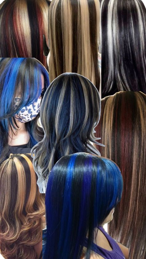 gonna get skunk highlights with dark blue next to them Skunk Highlights, Skunk Hair, Dark Blue, Wigs, Highlights, Hair Color, Hair, Blue, Color