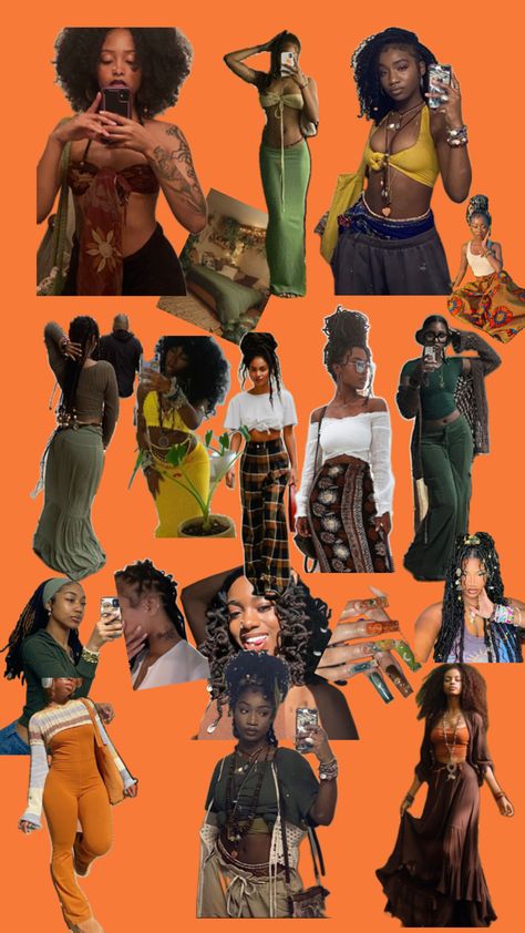 Boho Clothes Black Women, Different Aesthetics Black Women, Boho Outfit Black Women, Black Woman Earthy Outfits, Neo Soul Outfits Black Women, Afro Bohemian Style Outfit, Earthy Fashion Black Women, Maximalist Outfits Black Woman, Fairycore Black Women