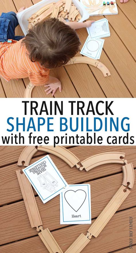 Use your wooden train tracks for this fun shape activity for kids! Download the free printable shape cards and see if you can recreate each one with your train tracks - or invent your own fun shapes! Inspired by the new book Old Tracks, New Tricks, little train lovers will have hours of fun with this easy shape learning game. Perfect for preschool! Train Preschool Activities, Trains Preschool, Shape Learning, Transportation Unit, Educational Activities For Preschoolers, Wooden Train Track, Book Old, Transportation Preschool, Block Area