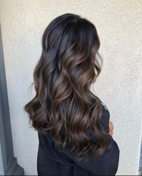 Coffee Brown Hair Balayage, Light Brown Highlights On Black Hair, Dark Brown Hair With Balayage, Brown Highlights On Black Hair, Black Hair With Brown Highlights, Highlights On Black Hair, Coffee Brown Hair, Dark Brown Hair Balayage, Hair Caramel