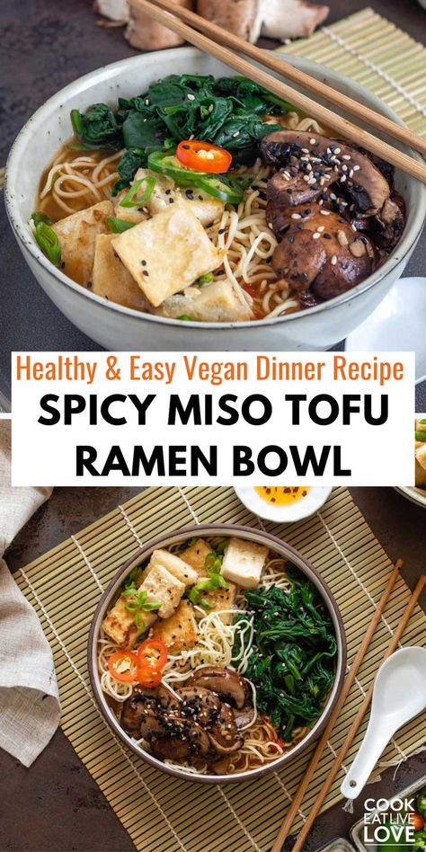 Unleash a burst of flavors with this easy-to-make Spicy Miso Vegan Tofu Ramen Bowl! Featuring a homemade, smooth, and silky spicy miso broth that’s packed with flavor. This budget friendly vegan ramen bowl features lots of nutritious vegetables, protein-rich tofu, noodles and that irresistible spicy kick. This is the perfect easy weeknight dinner recipe, try it tonight! #vegandinnerrecipe #ramenbowl #tofurecipes Miso Ramen Broth Recipe, Vegetarian Ramen Recipe, Tofu Ramen, Nutritious Vegetables, Gut Recipes, Vegetarian Noodles Recipes, Vegetarian Noodles, Healthy Gut Recipes, Miso Broth