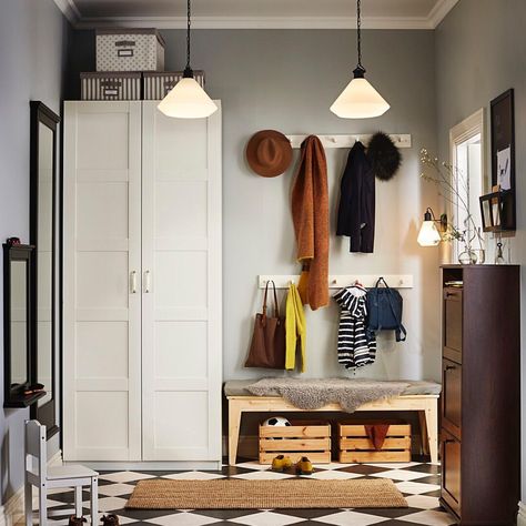 Clear your entryway of clutter with the #IKEA PAX wardrobe for extra #storage and wall hooks for coats, backpacks and more! Click the link in our bio to shop. Entry Hall Furniture, Small Entrance Halls, Entrance Hall Furniture, Armoire Pax, Vstupná Hala, Ikea Hallway, Ikea Pax Wardrobe, Small Entrance, Hall Furniture