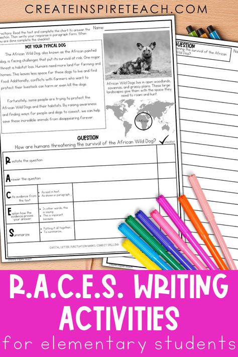 RACES-writing-strategy-activities Teaching Writing 3rd Grade, 3rd Grade Editing Practice, Quick Writing Activities, Fun Fourth Grade Writing Activities, Race Strategy Activities, Races Writing Strategy Bulletin Board, Race Writing Anchor Chart, Race Strategy Practice, Writing Strategies For Elementary