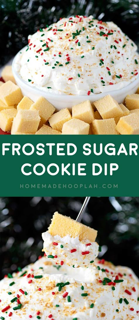 Frosted Sugar Cookie Dip! A fluffy dip made with International Delight Frosted Sugar Cookie Creamer and served fondue style with cubes of spongy pound cake. #ad #HolidayDelight #IDelight | HomemadeHooplah.com Party Food Sweet Treats, Sugar Cookie Creamer, Party Food Sweet, Sugar Cookie Dip, Delicious Sugar Cookie Recipe, Cookie Dip, Yummy Sugar Cookies, Diy Easy Recipes, Cheesecake Dip