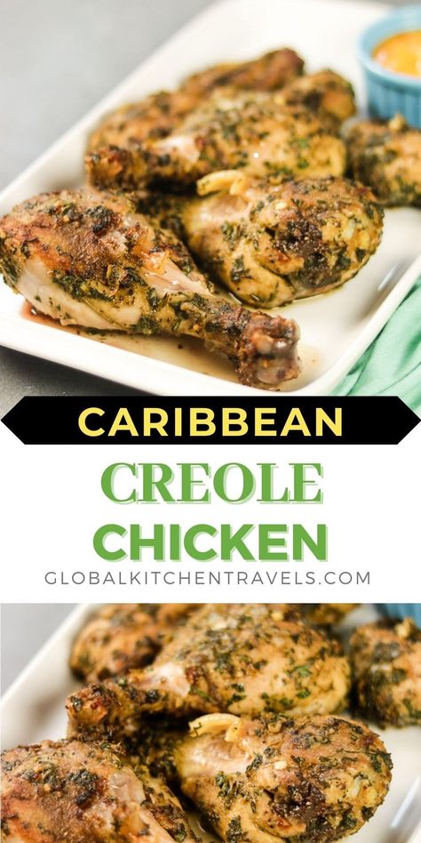 Caribbean Creole Chicken is an easy baked chicken recipe inspired by the flavors of the French Caribbean. This spiced chicken is popular on the islands of Dominica, Martinique and Guadeloupe. Marinate and roast in the oven - what could be easier than that? #chicken #caribbeanfood #chickendinner #chickenrecipes #caribbeanrecipes Bahamian Chicken Recipes, Haitian Bbq Chicken, Caribbean Lamb Recipes, Caribbean Baked Chicken Recipes, Martinique Recipes, Jamaican Baked Chicken Recipes, Carribean Food Recipes Islands, Caribbean Thanksgiving Recipes, Carribean Chicken Recipes