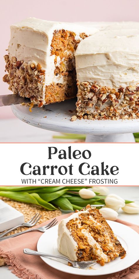 This paleo carrot cake is just a dream! It's easy to make and made healthier by using coconut sugar, maple syrup, almond flour, and more. Gluten free, this cake is a total showstopper! It's moist and rich and full of flavor. Perfect for Easter but it's delicious anytime. #carrotcake #paleo #glutenfree #easter Clean Eating Carrot Cake, Whole 30 Carrot Cake, Easy Paleo Desserts, Paleo Cake Recipes, Carrot Cake With Coconut, Paleo Dessert Recipes, Paleo Deserts, Paleo Cakes, Cashew Cream Cheese