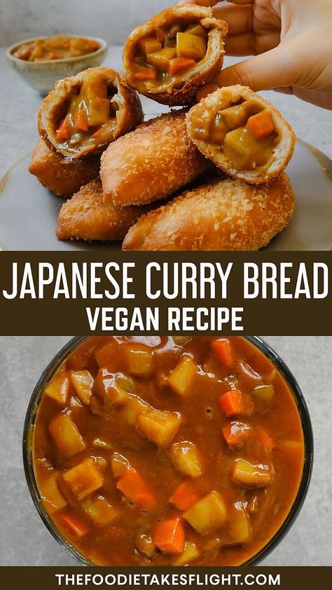 Vegan Japanese Curry Bread Buns (Kare Pan) - The Foodie Takes Flight Japanese Curry Buns, Curry Bread Japanese, Curry Buns Recipe, Japanese Curry Bread, Curry Bread Recipe, Japanese Bread Buns, Japanese Food Recipes Vegetarian, Japanese Food Vegan, Vegetarian Japanese Recipes