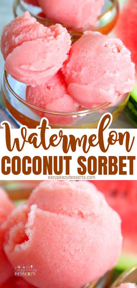 All you need is three simple ingredients to make an incredibly delicious watermelon sorbet! So creamy, you won't believe this dessert is healthy & vegan! Desserts With Watermelon, Watermelon Coconut Sorbet, Ninja Creami Watermelon Sorbet Recipes, Watermelon Deserts, Frozen Watermelon Recipes, Best Sorbet Recipe, Healthy Sorbet Recipes, Vegan Sorbet Recipes, Coconut Sorbet Recipe