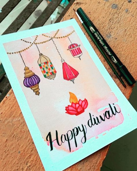 Watercolour painting Happy Diwali Creative Posters, Diwali Poster Ideas For School, Diwali Inspired Painting, Sketch For Diwali, Happy Diwali Poster Drawing, Diwali Card Drawing, Diwali Greeting Cards Design Handmade, Happy Diwali Painting, Diwali Card Ideas Handmade