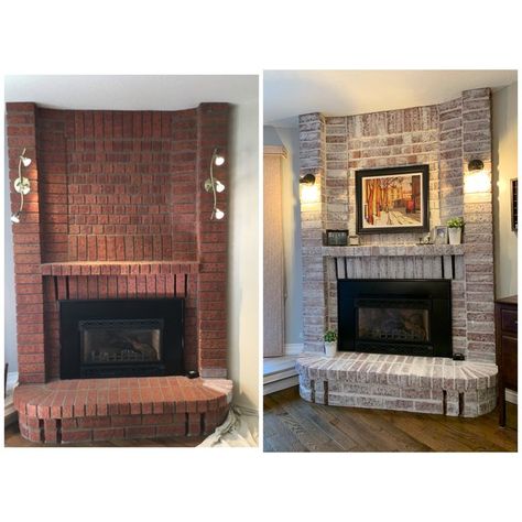 Diy Fireplace Brick, Fireplace Brick Paint, Brick Fireplace Redo, Pellet Stove Ideas Living Rooms, Whitewash Brick Fireplace, Brick Painted White, Whitewash Fireplace, Fireplace Transformation, Whitewash Brick