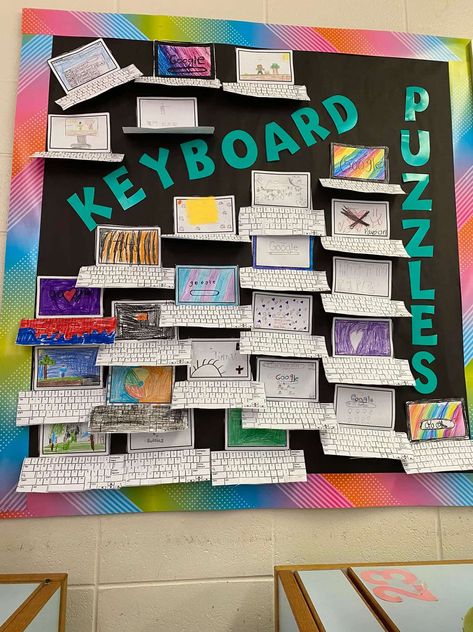 Tech Bulletin Board Ideas, Coding Bulletin Board Ideas, Technology Bulletin Boards Elementary, Technology Bulletin Board Ideas, Computer Science Bulletin Board Ideas, Computer Lab Decoration Ideas, School Computer Lab Decor, Tech Decoration, School Computer Lab Design