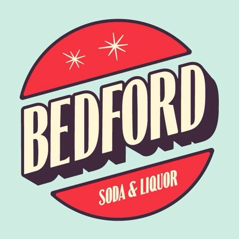 Bedford soda & liquor logo Soda Logo Design Ideas, Liquor Logo Design, Soda Logo Design, Soft Drink Logo, Almond Water, 70s Mood Board, Lemonade Logo, Liquor Logo, Soda Branding